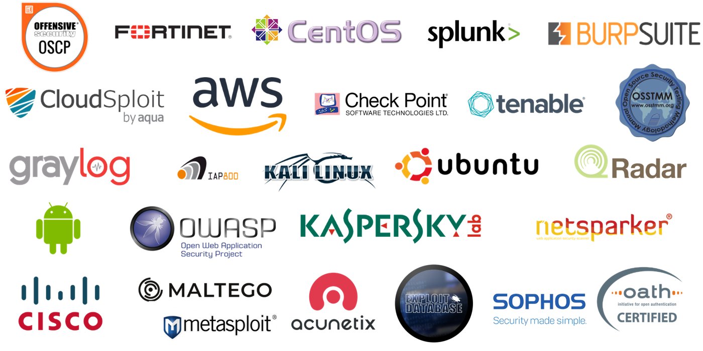 Strumenti e metodologie utilizzate: OSCP, Fortinet, CentOS, Splunk, Burp Suite, CloudSploit, AWS, Check Point, Tenable, OSSTMM, Graylog, IAP800, Kali Linux, Ubuntu, QRadar, Android, OWASP, Kaspersky Lab, Netsparker, Cisco, Maltego, Metasploit, Acunetix, Exploit Database, Sophos, OATH Certified