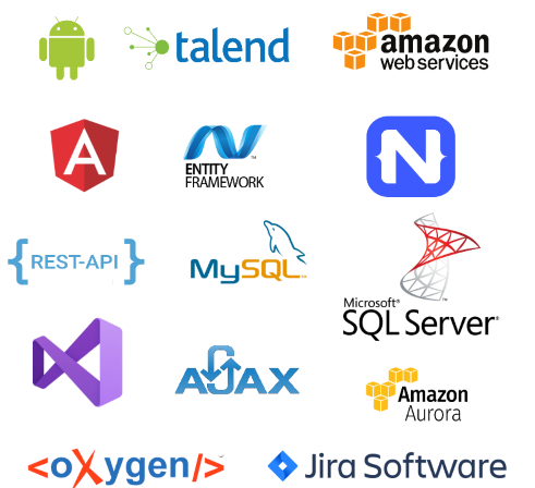 Le tecnologie utilizzate: Android, Talend, Amazon Web Services, Angular, Entity Framework, .NET, REST-API, MySQL, Microsoft SQL Server, Visual Studio, AJAX, Amazon Aurora, Oxygen, Jira Software